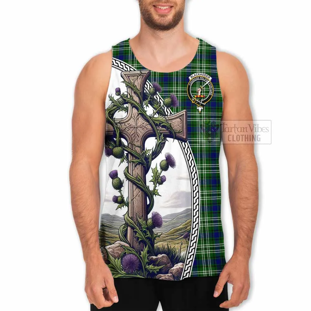 Blackadder Tartan Men's Tank Top with Family Crest and St. Andrew's Cross Accented by Thistle Vines