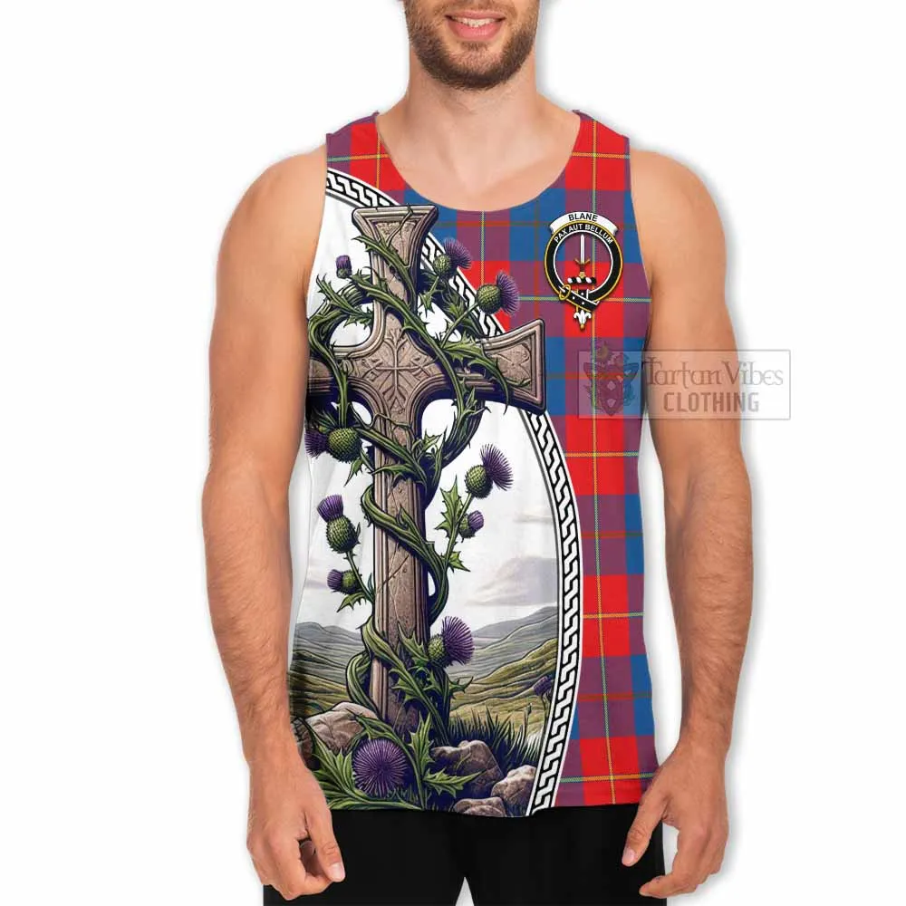 Blane Tartan Men's Tank Top with Family Crest and St. Andrew's Cross Accented by Thistle Vines