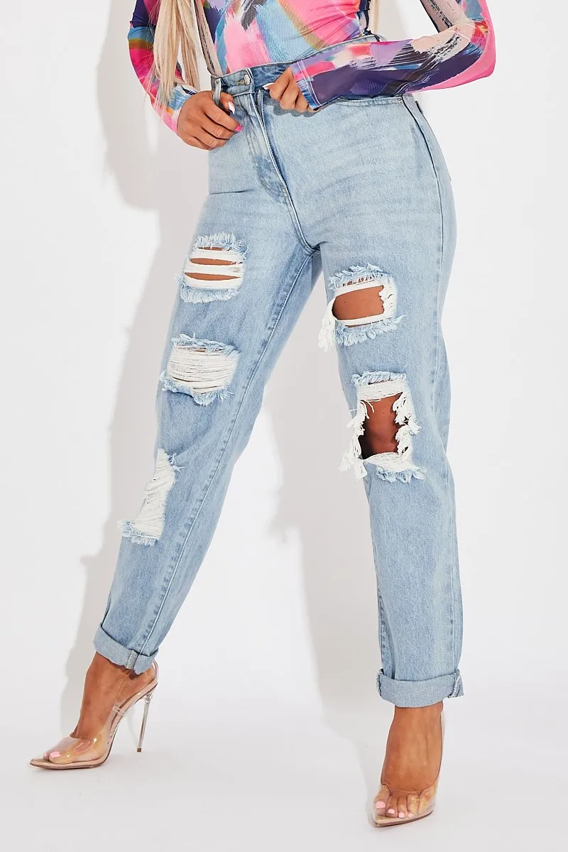 Blue Extremely Ripped Denim Mom Jeans - Ellynor