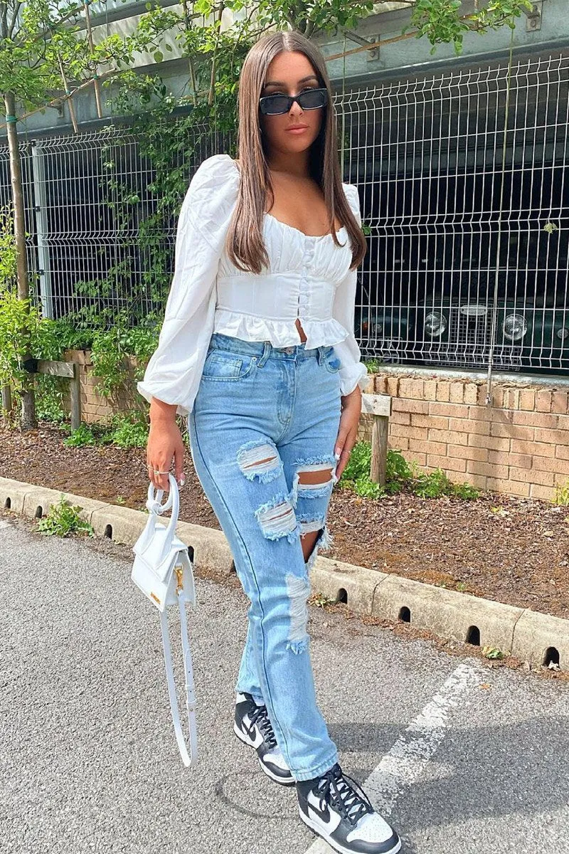 Blue Extremely Ripped Denim Mom Jeans - Ellynor