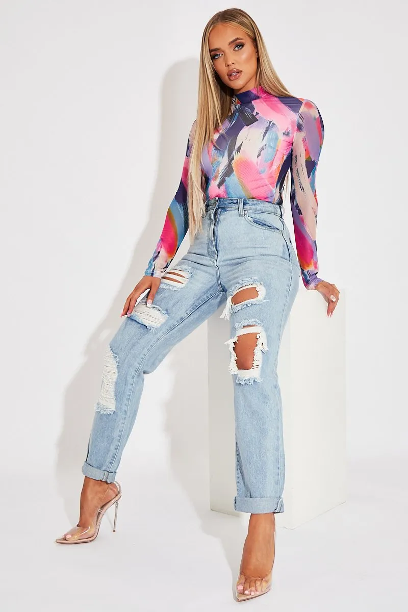 Blue Extremely Ripped Denim Mom Jeans - Ellynor