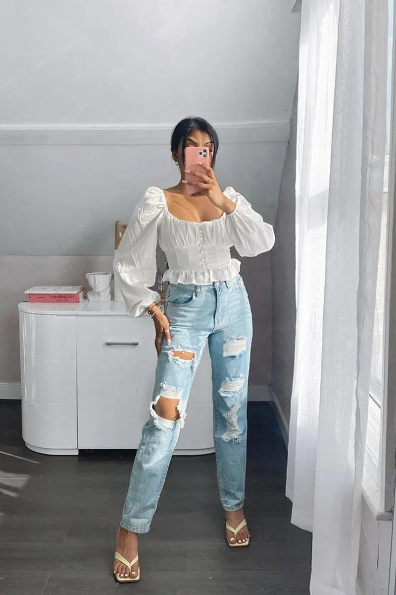 Blue Extremely Ripped Denim Mom Jeans - Ellynor