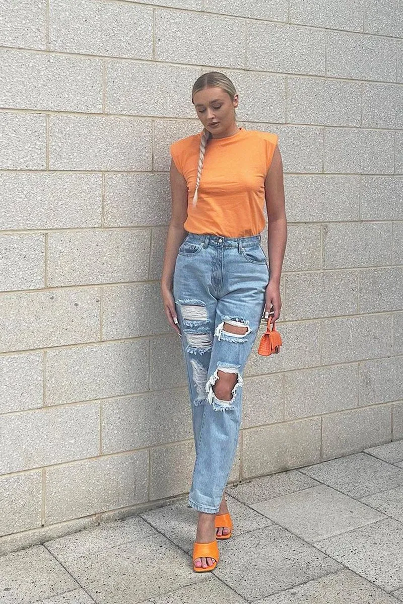 Blue Extremely Ripped Denim Mom Jeans - Ellynor