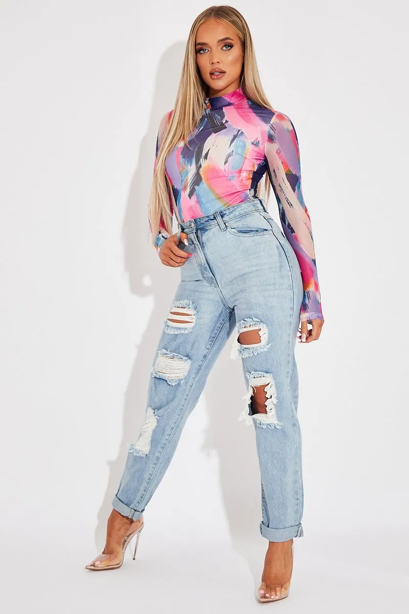 Blue Extremely Ripped Denim Mom Jeans - Ellynor