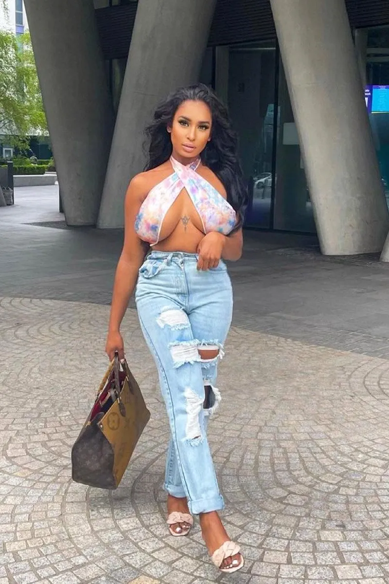 Blue Extremely Ripped Denim Mom Jeans - Ellynor