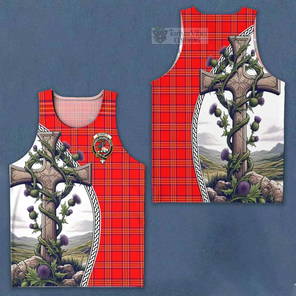 Burnett Tartan Men's Tank Top with Family Crest and St. Andrew's Cross Accented by Thistle Vines