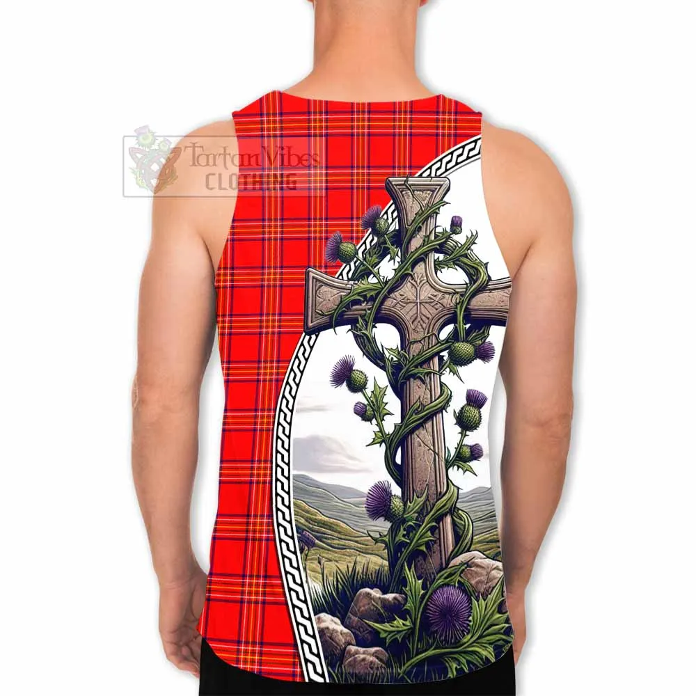 Burnett Tartan Men's Tank Top with Family Crest and St. Andrew's Cross Accented by Thistle Vines