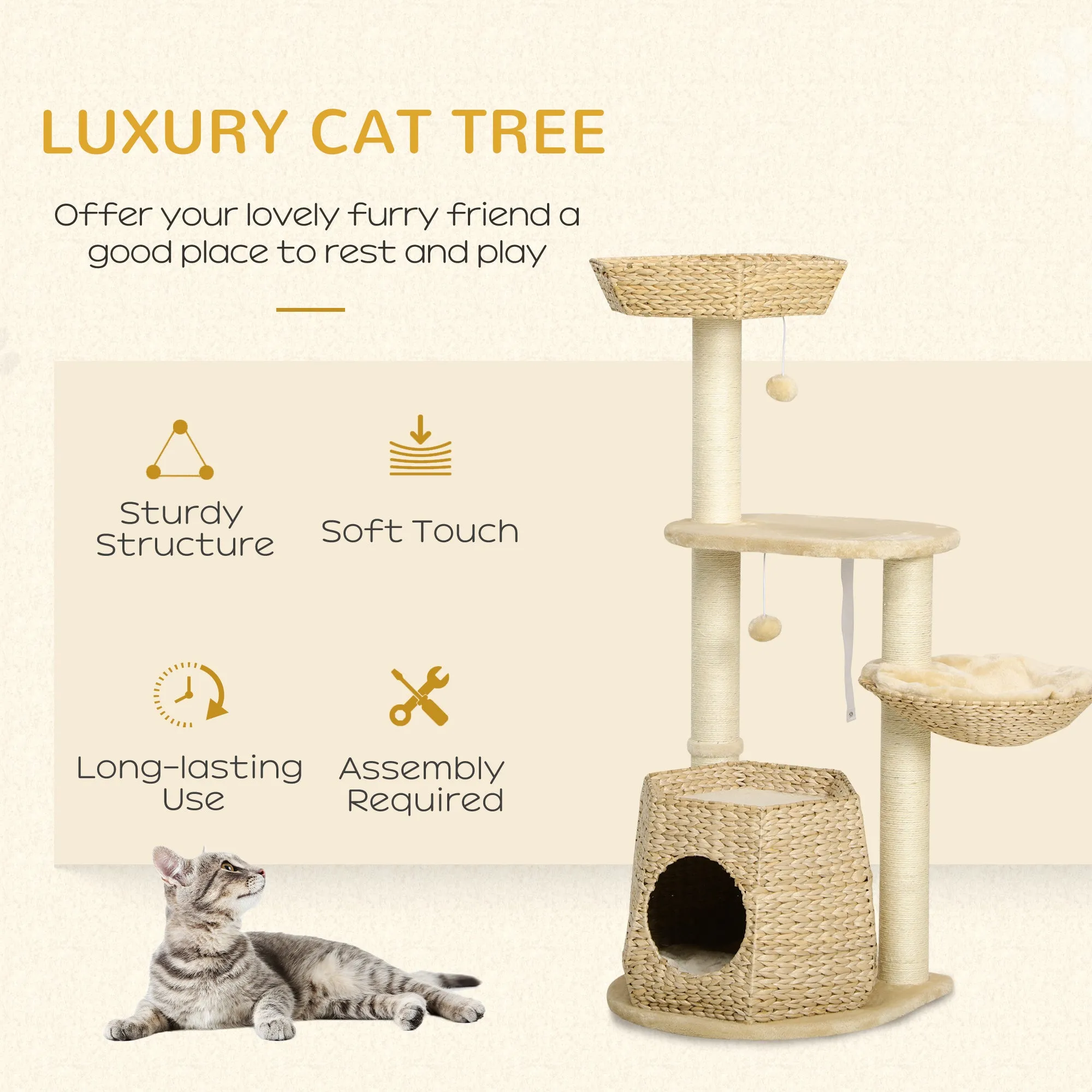 Cat Tree Tower, Climbing Activity Centre, Kitten Furniture w/ Cattail, Bed, House, Sisal Post, Hanging Ball, Natural Tone