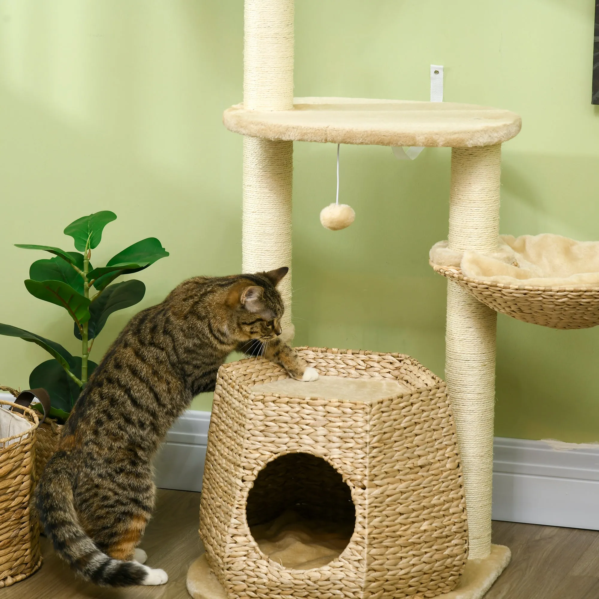 Cat Tree Tower, Climbing Activity Centre, Kitten Furniture w/ Cattail, Bed, House, Sisal Post, Hanging Ball, Natural Tone