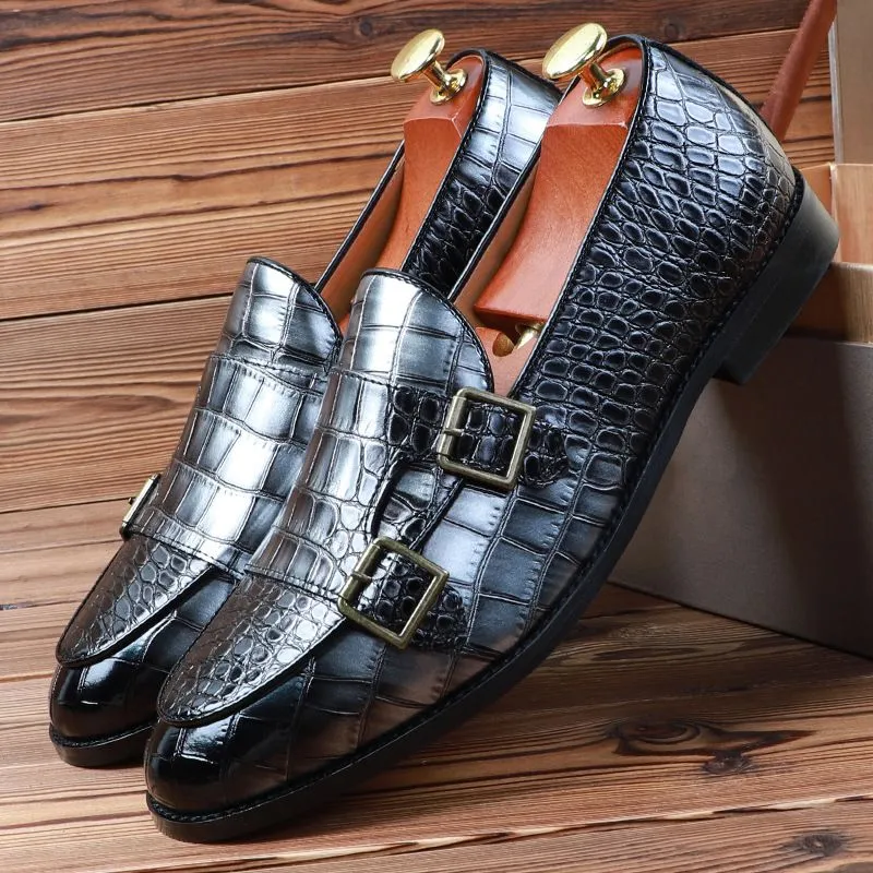 Crocodile Skin PU Leather Monk Shoes