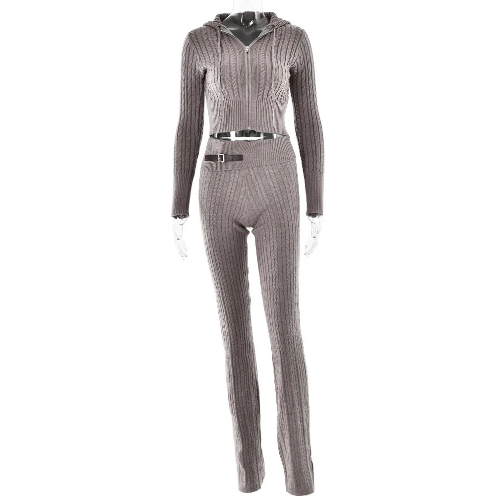 Cross Border  Hot-Selling New Arrival Sexy Fashion Long Sleeve Hooded Top Straight-Leg Pants Knitted Sweater Suit Women