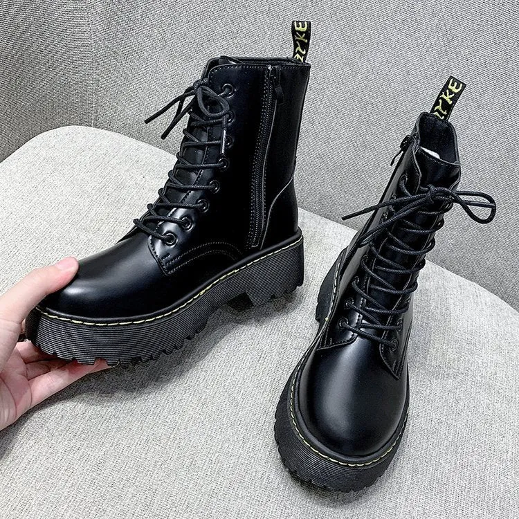 Cross-Border Thick Bottom 8-Hole Martin Boots Women's British Style Side Zipper Muffin Bottom HOTan and NEWn Trendy High Top Lace-up Ankle Boots