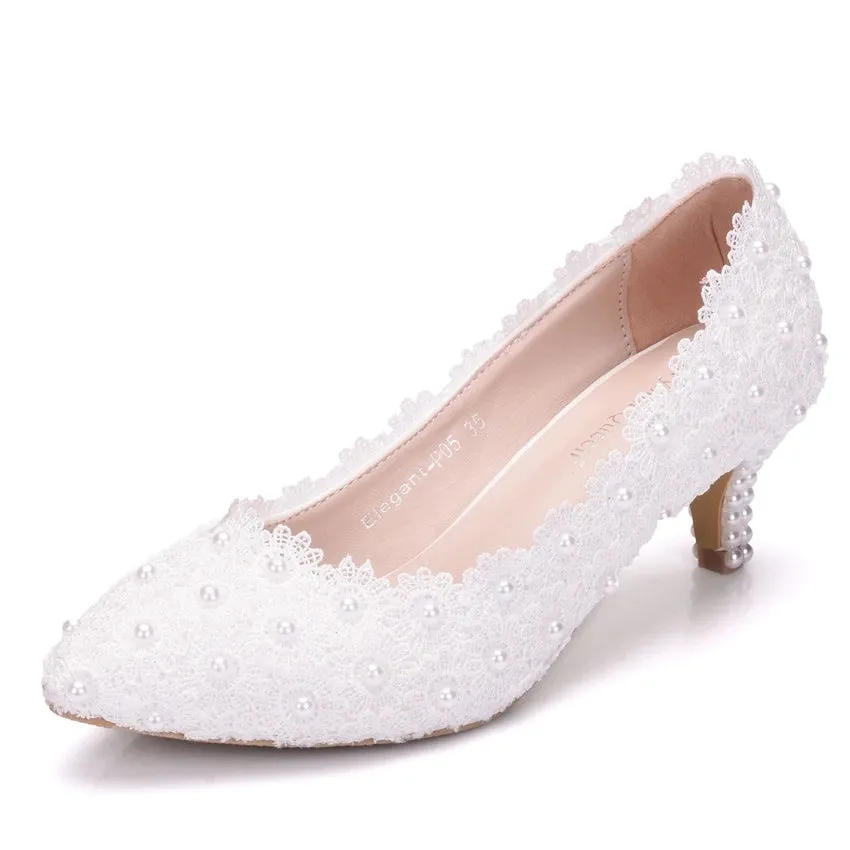 Crystal Queen 2 Inches Kitten Heel Girl Dress White Pink Lace Flower Party Prom Wedding Bridal Shoes Bridesmaid Pumps