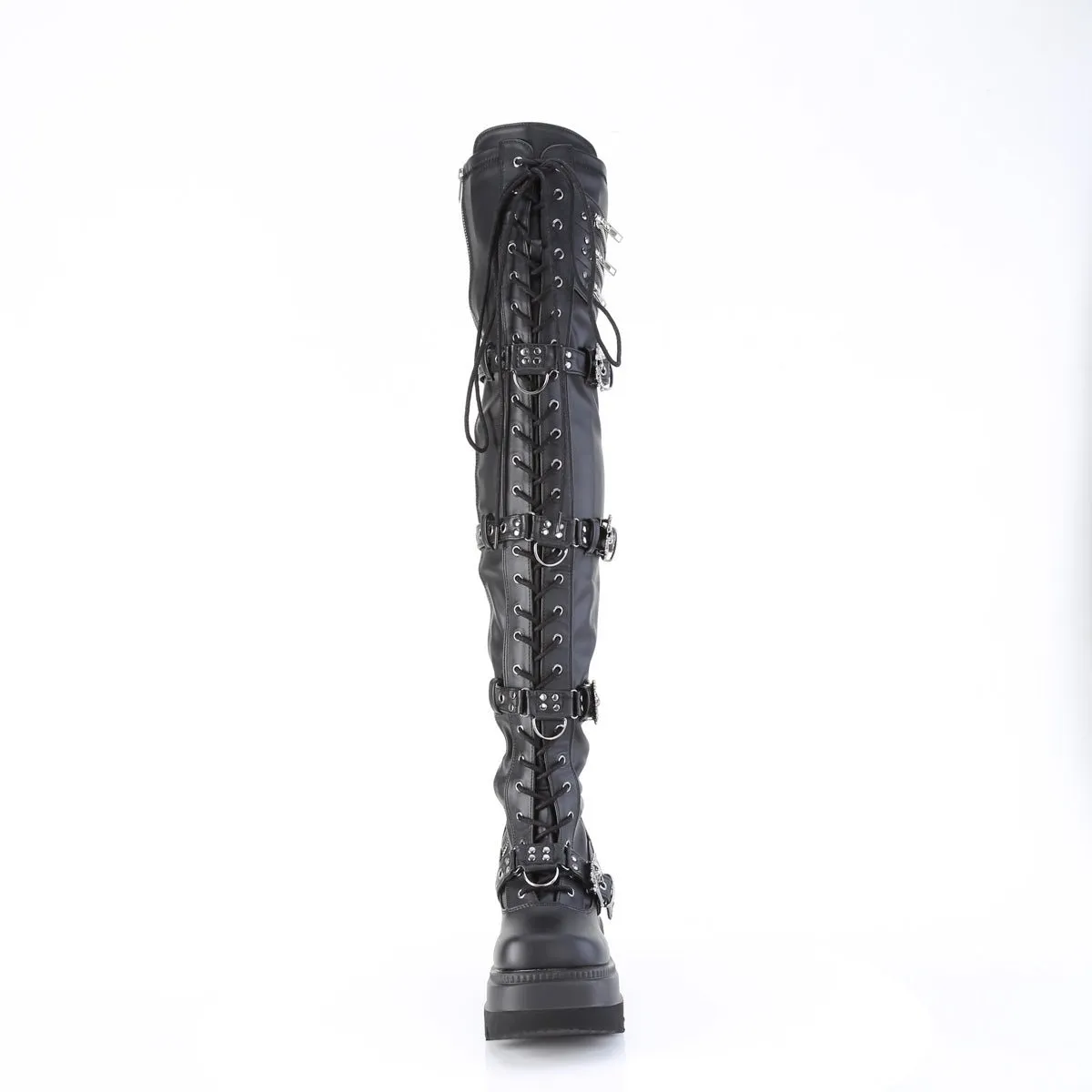 Demonia SHAKER-420 | Black Stretch V. Leather Above Knee Boots