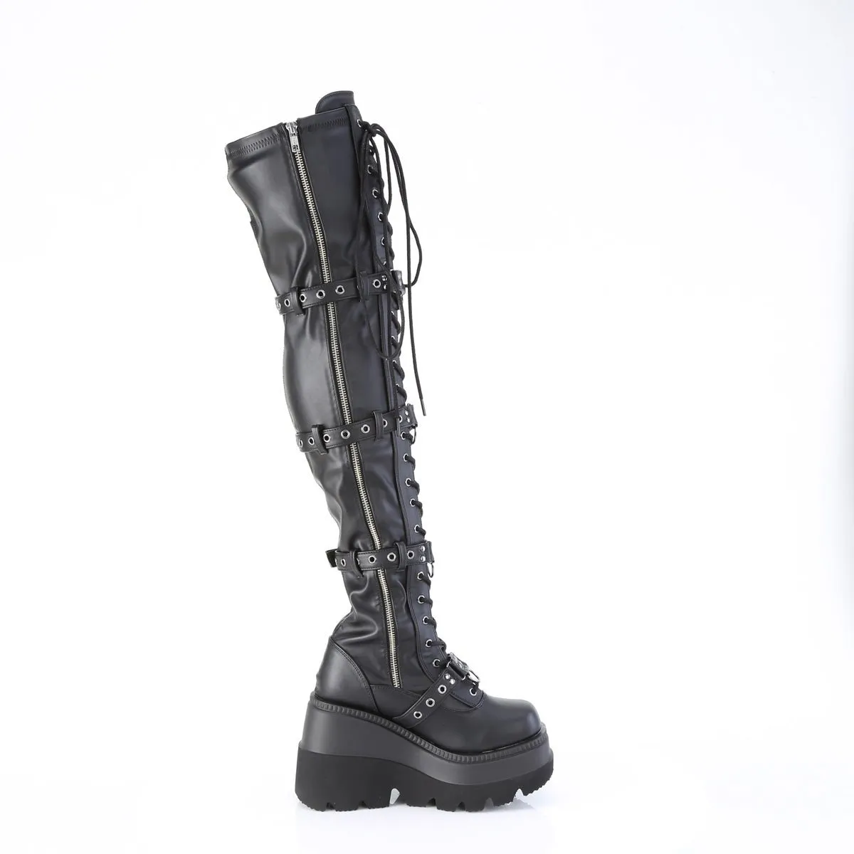 Demonia SHAKER-420 | Black Stretch V. Leather Above Knee Boots