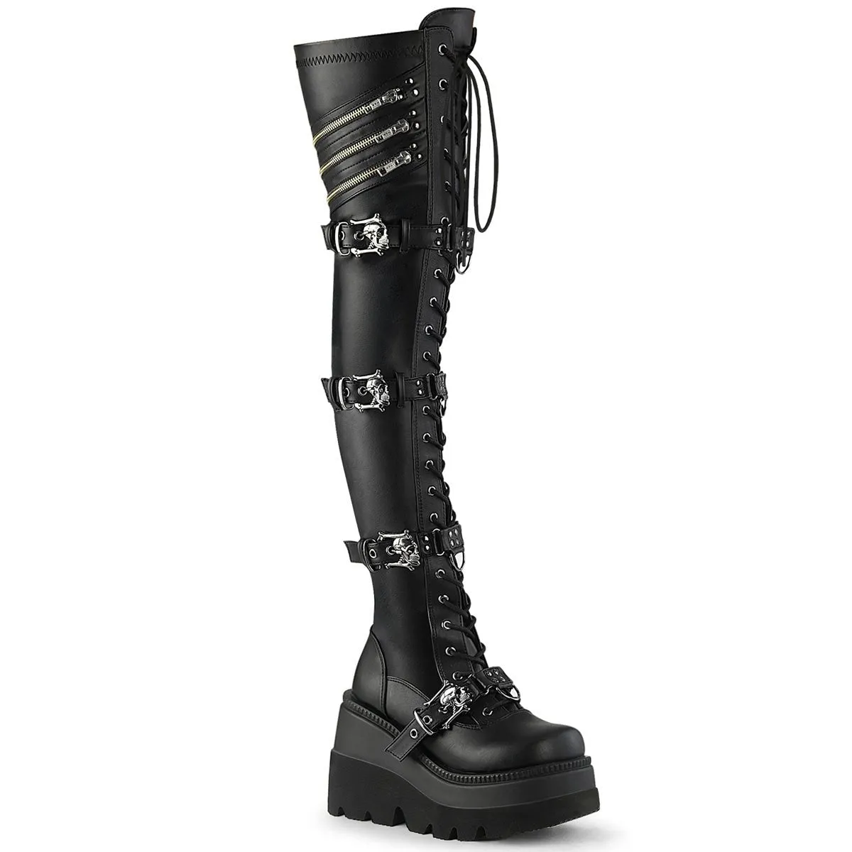 Demonia SHAKER-420 | Black Stretch V. Leather Above Knee Boots