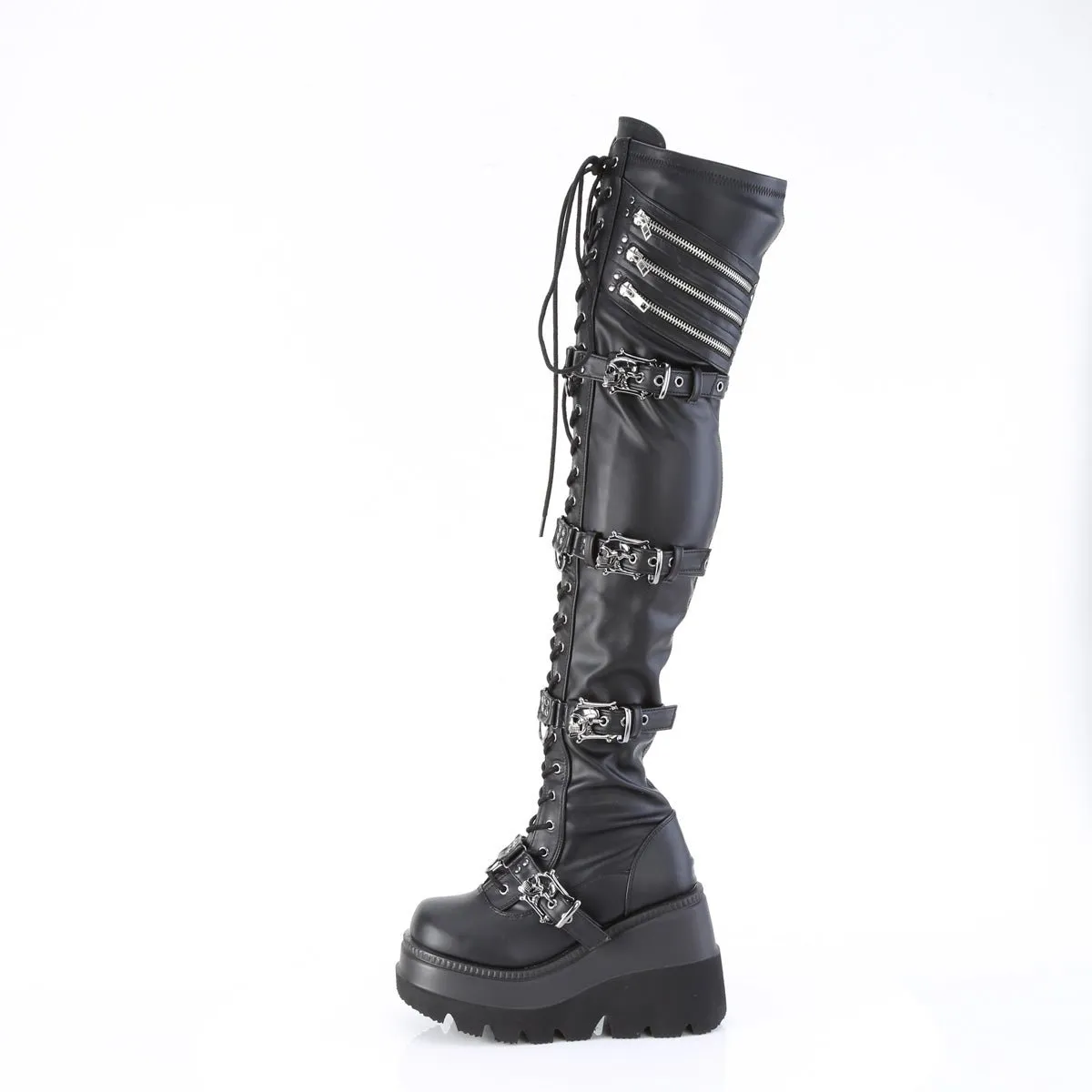 Demonia SHAKER-420 | Black Stretch V. Leather Above Knee Boots