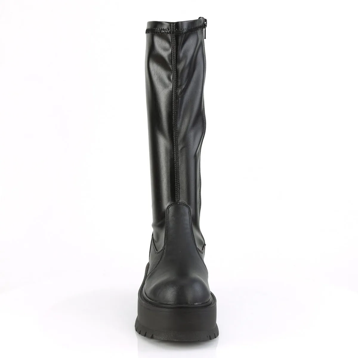 Demonia SLACKER-200 | Black Stretch Vegan Leather Knee High Boots