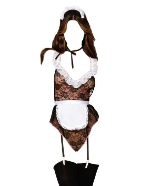 Dreamgirl French Maid Lace Teddy with High-Cut Flutter Leg and Apron Bodice Set Black/White