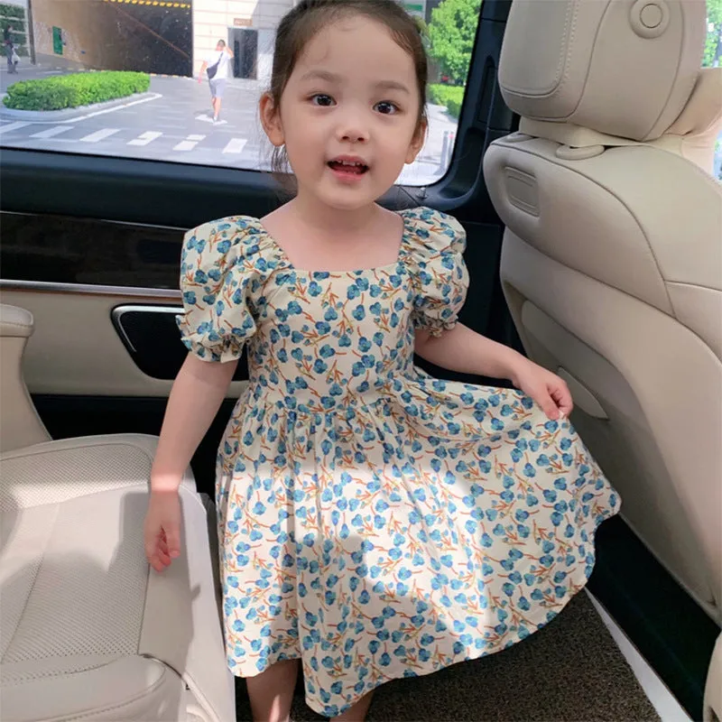 DUNNMALL  Cross-Border Children's Clothing Girls' Floral Dress  Summer New Baby Girl Puff Sleeve Short Sleeve Princess Dress