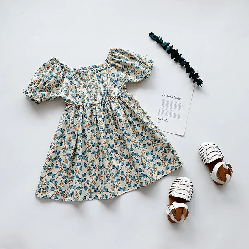 DUNNMALL  Cross-Border Children's Clothing Girls' Floral Dress  Summer New Baby Girl Puff Sleeve Short Sleeve Princess Dress