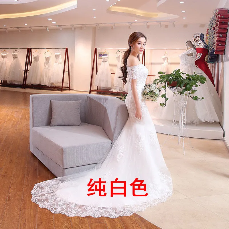 dunnmall New Cross-Border Wedding Dress Bridal Retro off-Shoulder Fishtail Trailing Wedding Dress Short Sleeve Slim-Fitting Simple Travel