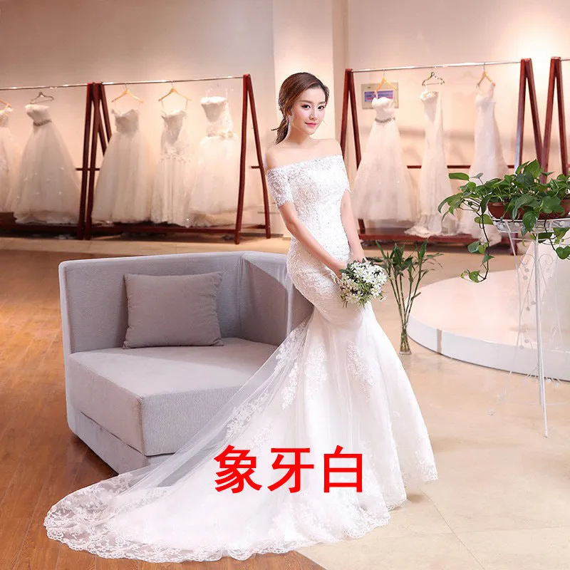 dunnmall New Cross-Border Wedding Dress Bridal Retro off-Shoulder Fishtail Trailing Wedding Dress Short Sleeve Slim-Fitting Simple Travel