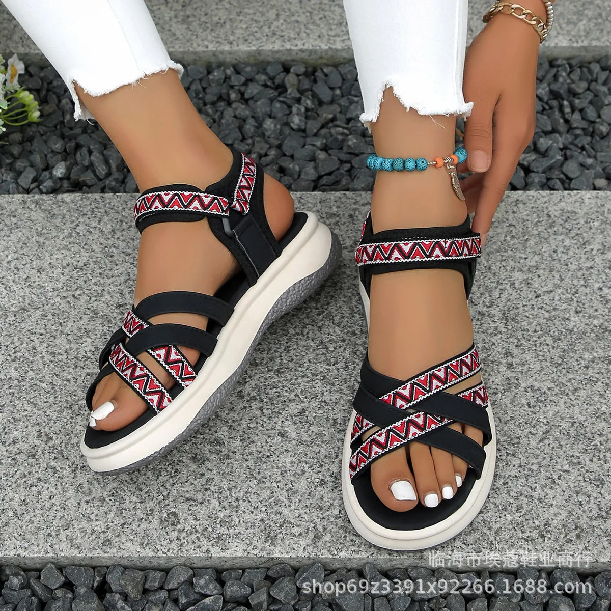 DUNNMALL  Summer New Foreign Trade plus Size Women's Shoes Ethnic Print Velcro Cross Strap Roman Sandals Wholesale