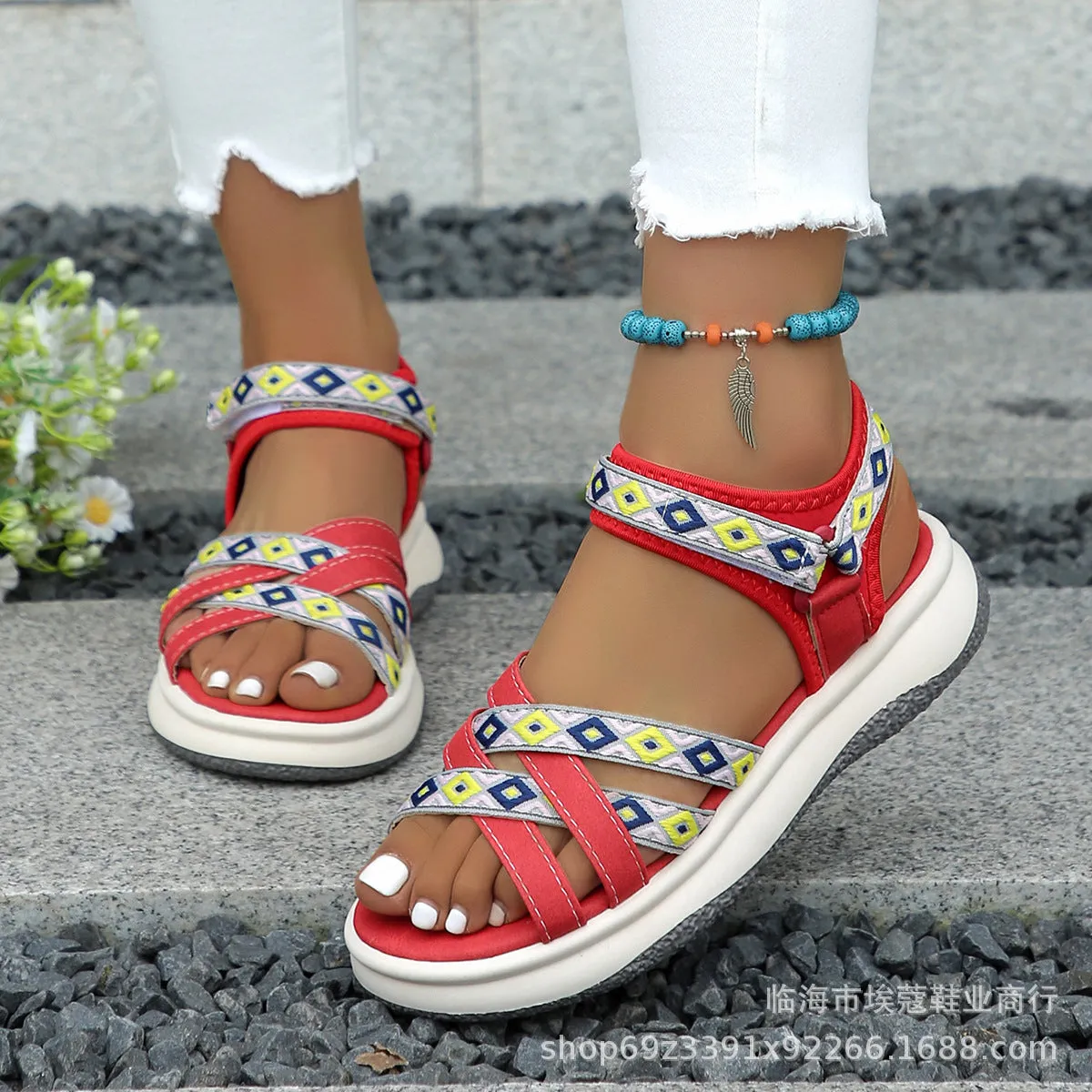 DUNNMALL  Summer New Foreign Trade plus Size Women's Shoes Ethnic Print Velcro Cross Strap Roman Sandals Wholesale