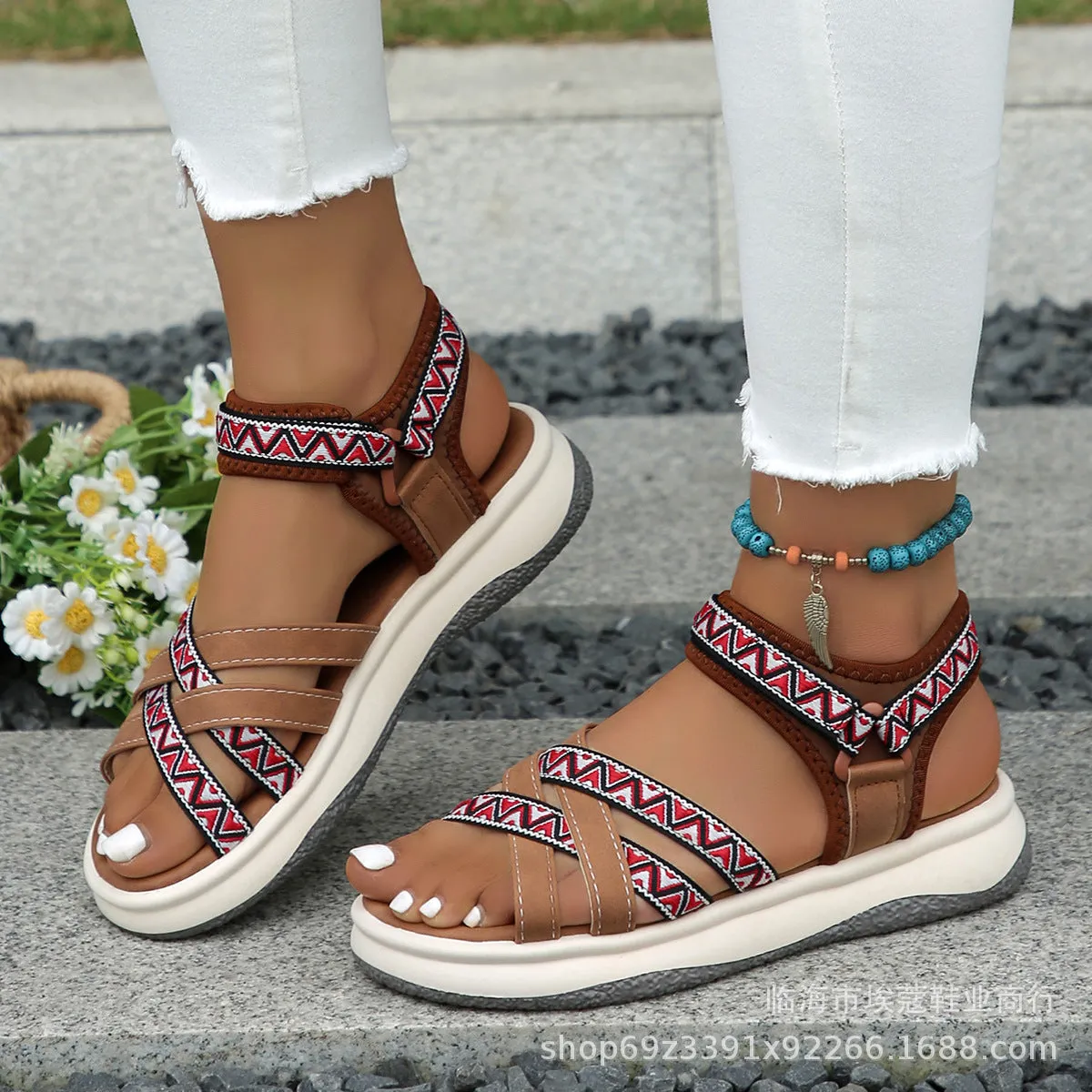 DUNNMALL  Summer New Foreign Trade plus Size Women's Shoes Ethnic Print Velcro Cross Strap Roman Sandals Wholesale