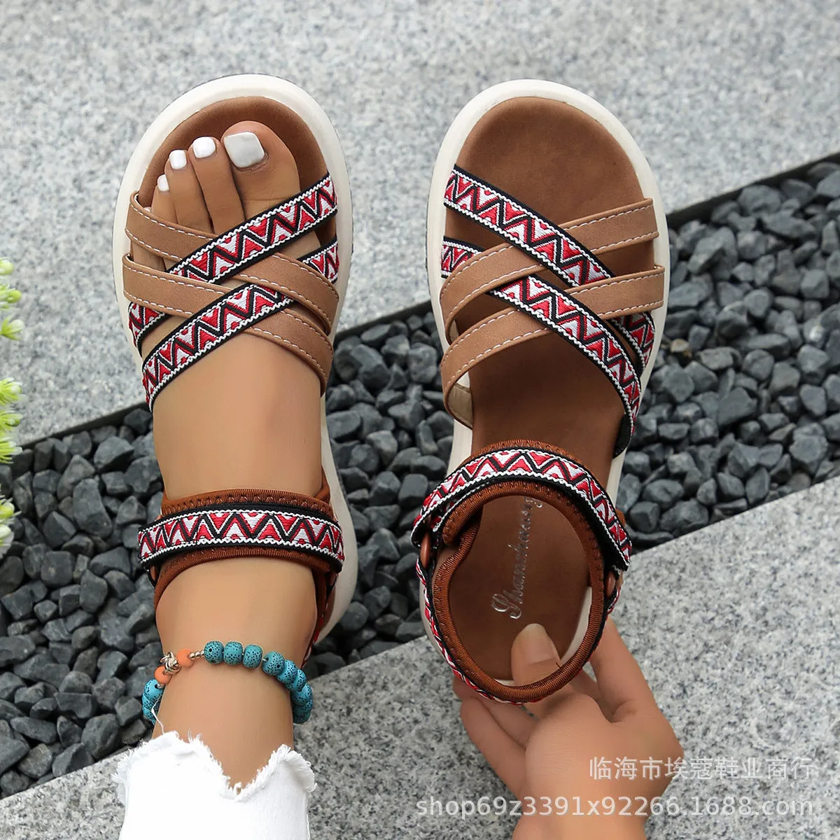 DUNNMALL  Summer New Foreign Trade plus Size Women's Shoes Ethnic Print Velcro Cross Strap Roman Sandals Wholesale