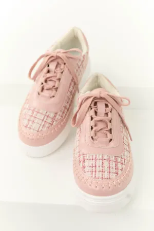 Dusty Blush Plaid Tweed Chunky Lace Up Sneakers