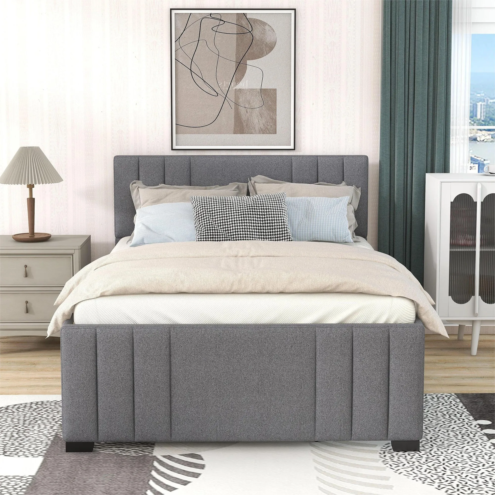 Eira Full Size Upholstered Platform Bed with Trundle - Grey