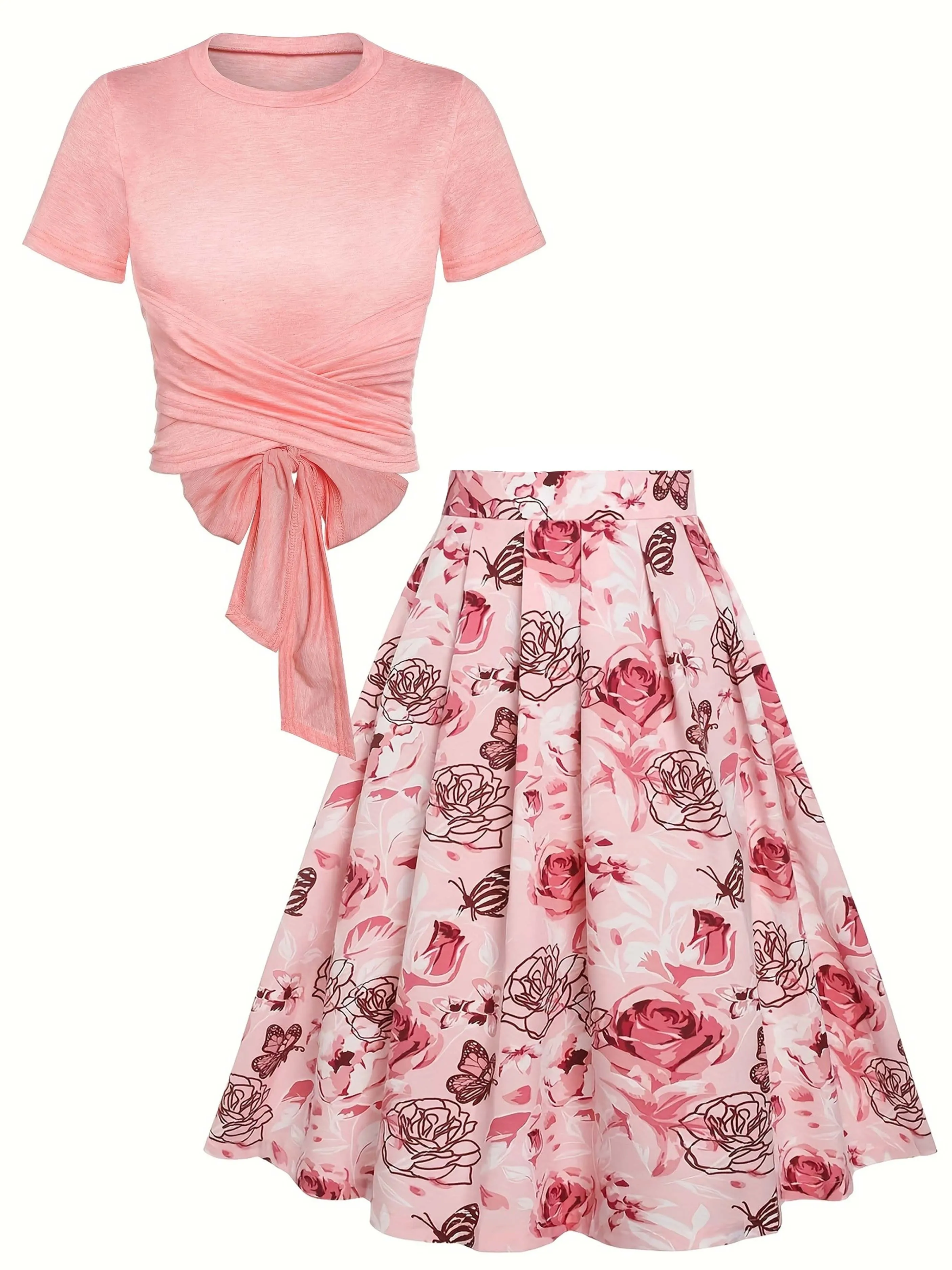 Elegant Two-piece Skirt Set, Solid Criss Cross Tie Back Top & Floral Print Skirt Outfits, Women's Clothing