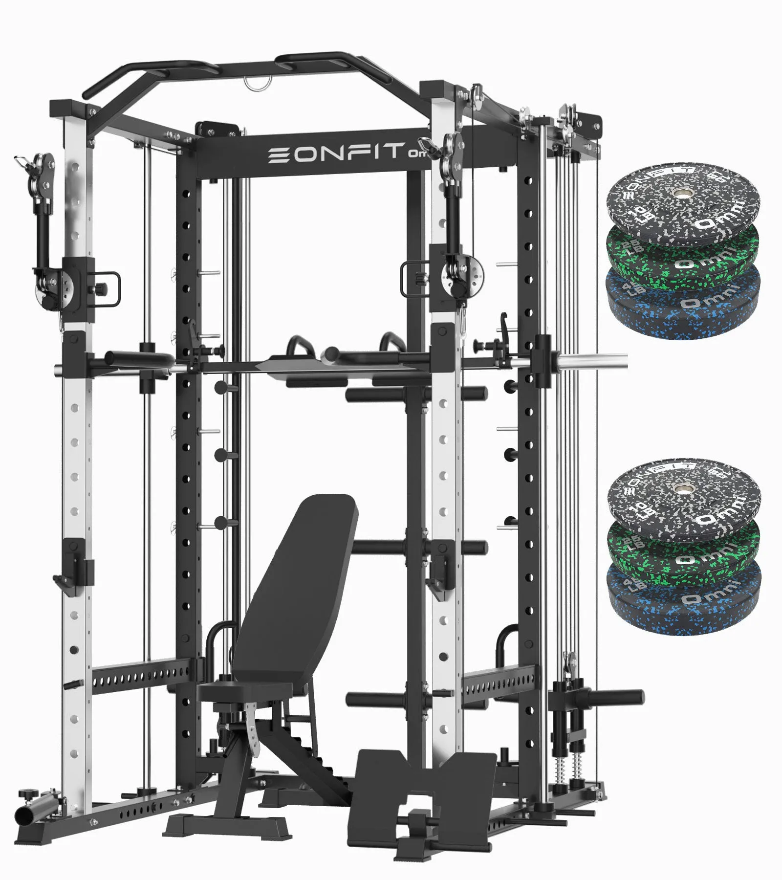 EonfitOmni E5 Smith Machine, Multi-Function Power Cage Squat Rack with 360°Adjustable Free Motion Arms, Two LAT Pull-Down Systems, Cable Crossover Machine and Vertical Leg Press for Home Gym