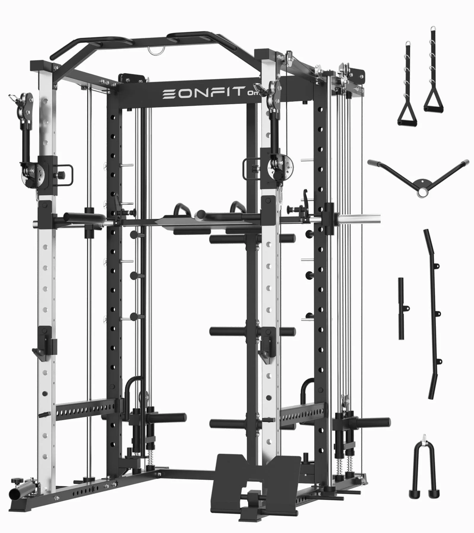 EonfitOmni E5 Smith Machine, Multi-Function Power Cage Squat Rack with 360°Adjustable Free Motion Arms, Two LAT Pull-Down Systems, Cable Crossover Machine and Vertical Leg Press for Home Gym