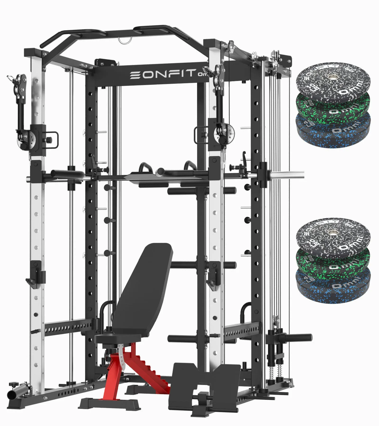 EonfitOmni E5 Smith Machine, Multi-Function Power Cage Squat Rack with 360°Adjustable Free Motion Arms, Two LAT Pull-Down Systems, Cable Crossover Machine and Vertical Leg Press for Home Gym