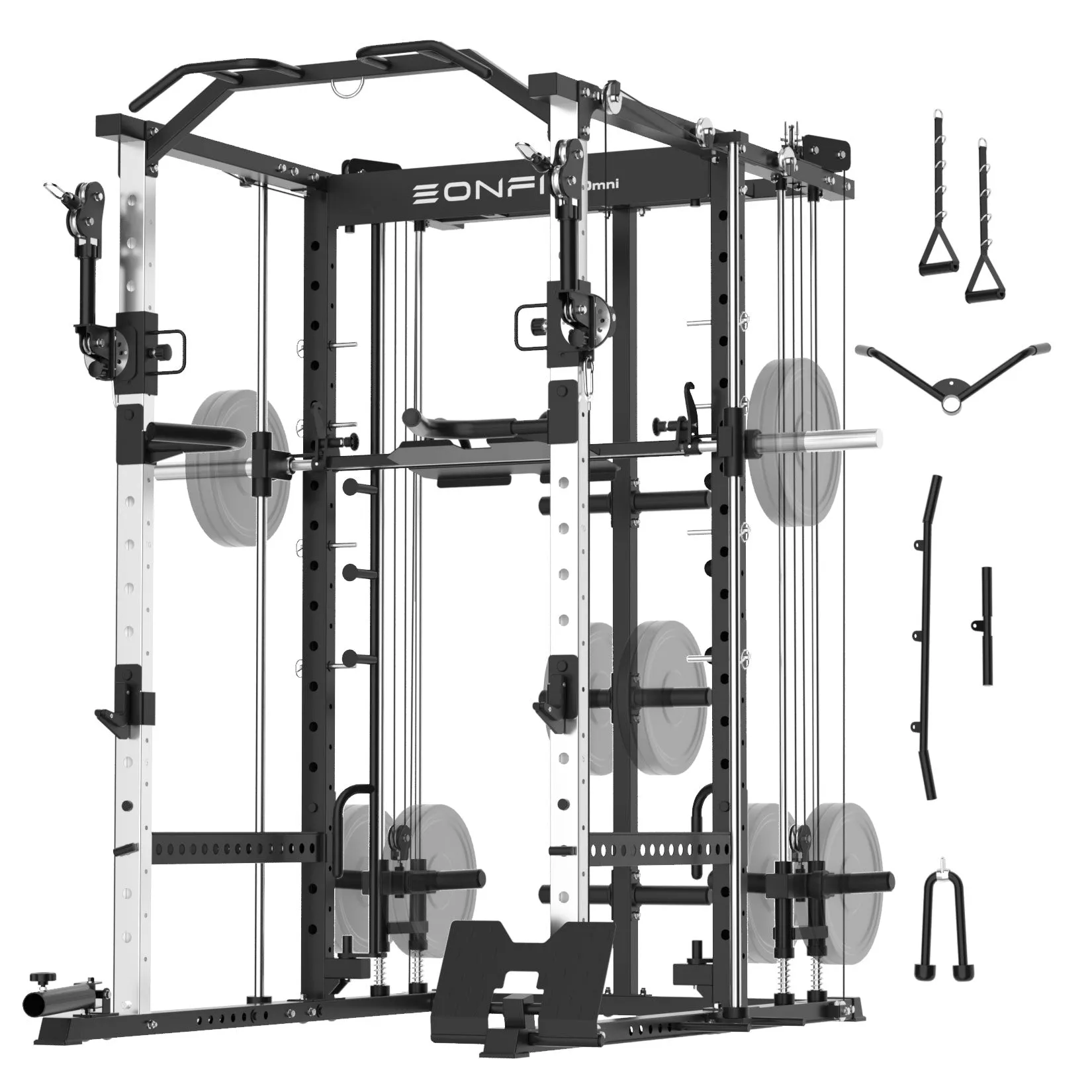 EonfitOmni E5 Smith Machine, Multi-Function Power Cage Squat Rack with 360°Adjustable Free Motion Arms, Two LAT Pull-Down Systems, Cable Crossover Machine and Vertical Leg Press for Home Gym