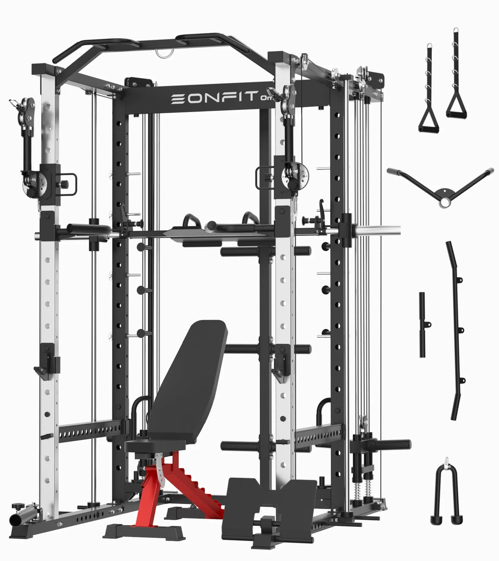 EonfitOmni E5 Smith Machine, Multi-Function Power Cage Squat Rack with 360°Adjustable Free Motion Arms, Two LAT Pull-Down Systems, Cable Crossover Machine and Vertical Leg Press for Home Gym