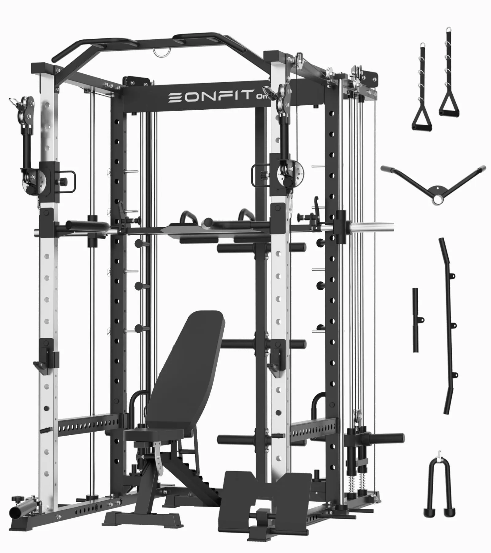 EonfitOmni E5 Smith Machine, Multi-Function Power Cage Squat Rack with 360°Adjustable Free Motion Arms, Two LAT Pull-Down Systems, Cable Crossover Machine and Vertical Leg Press for Home Gym