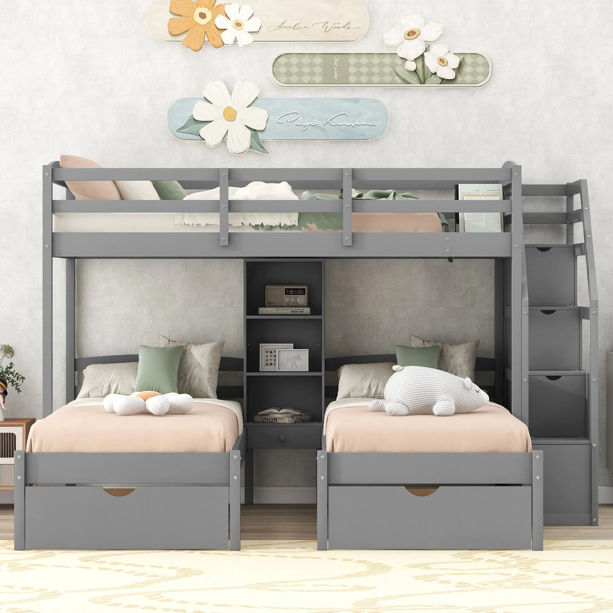 Family Set  Bunk Bed with Storage and Shelves