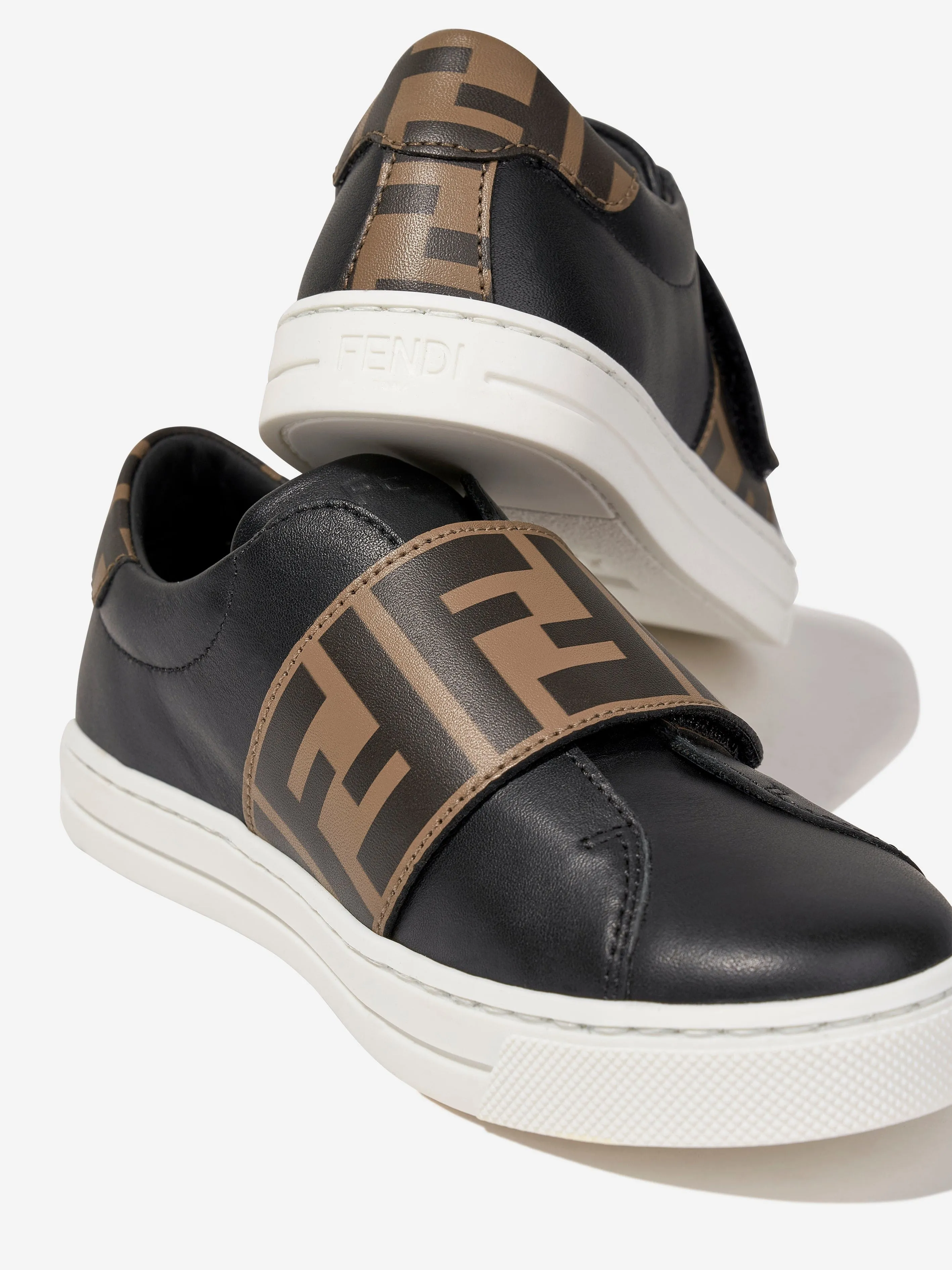 Fendi Kids Leather FF Logo Trainers in Black