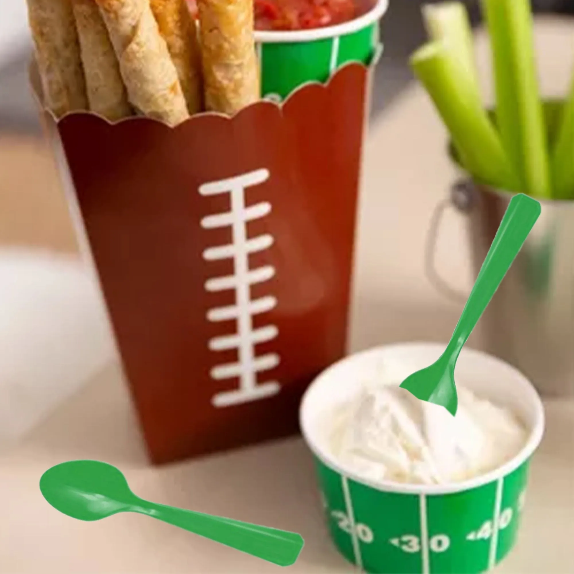 Football Party Supplies - Football Field Yard Line Paper Chili Food and Snack Bowls With Green Plastic Spoons (16 Cups & Spoons)