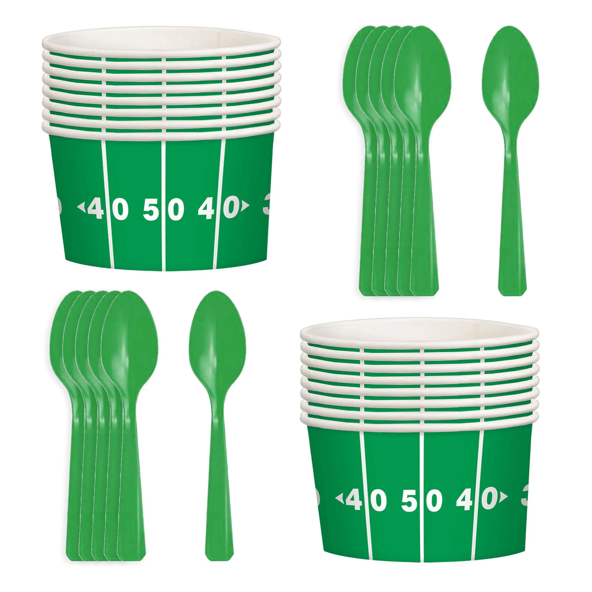 Football Party Supplies - Football Field Yard Line Paper Chili Food and Snack Bowls With Green Plastic Spoons (16 Cups & Spoons)