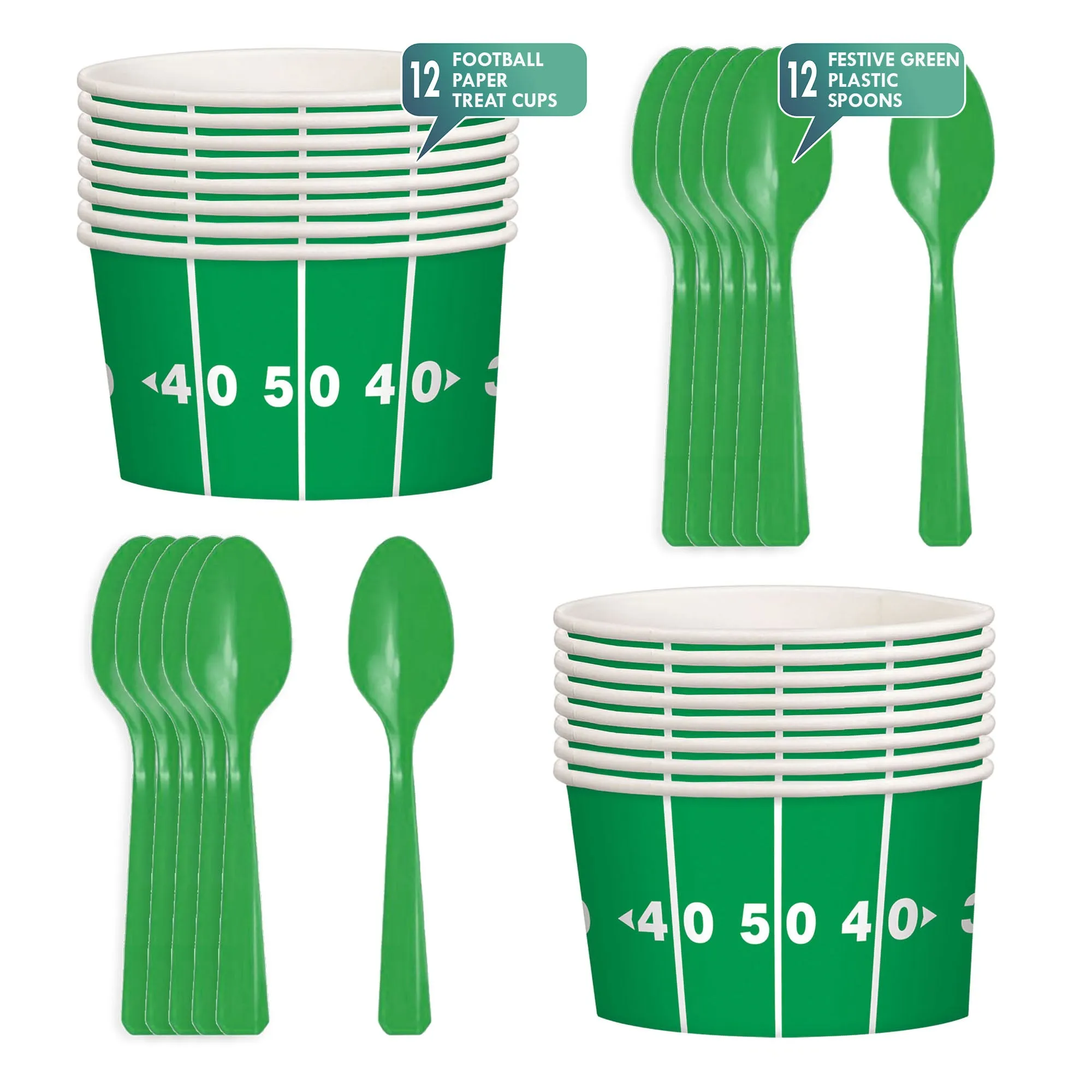 Football Party Supplies - Football Field Yard Line Paper Chili Food and Snack Bowls With Green Plastic Spoons (16 Cups & Spoons)