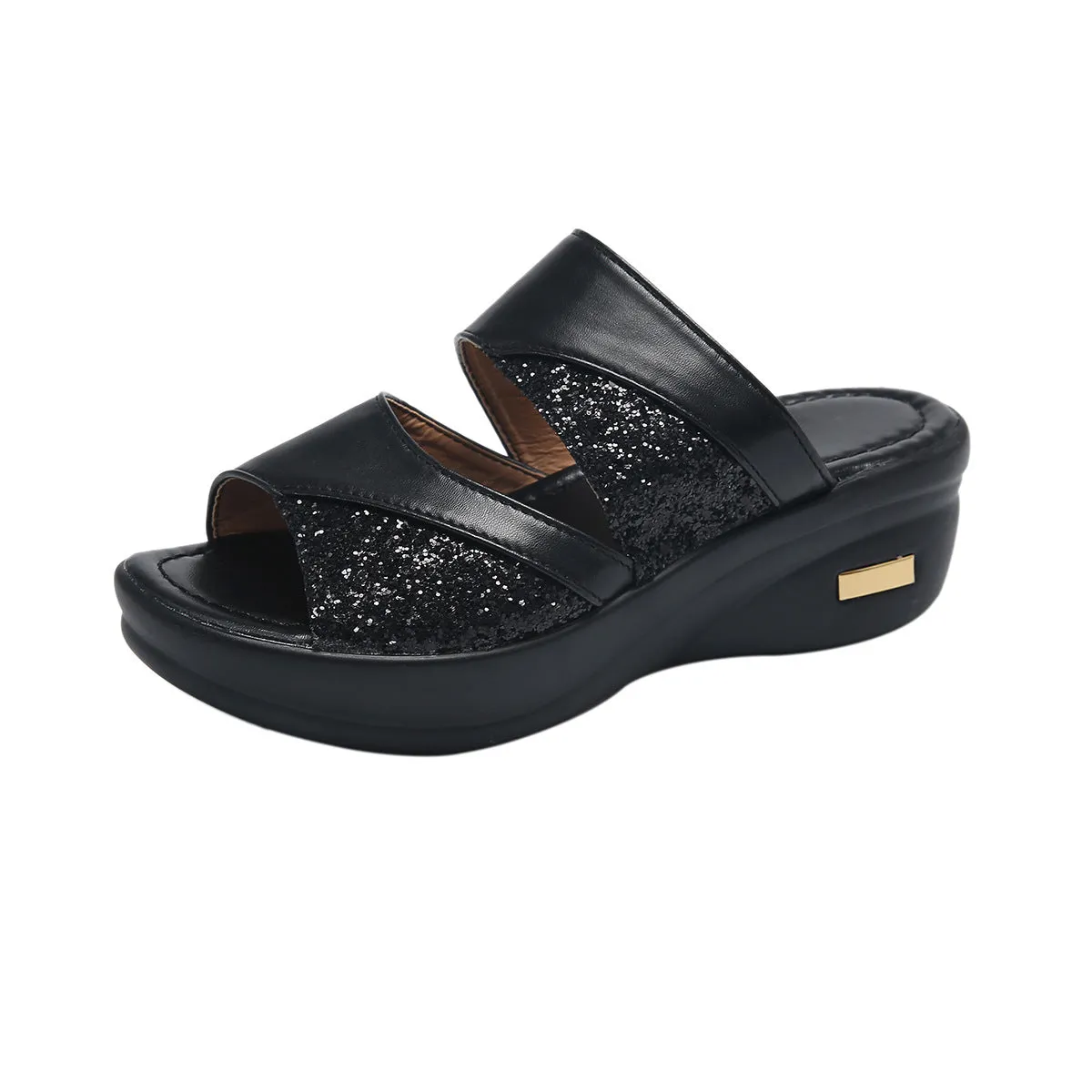 Foreign Trade Cross-Border plus Size Wedge Sandals Women's  Summer New Sequined Peep Toe Platform Outdoor Slippers Wholesale