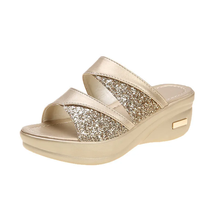 Foreign Trade Cross-Border plus Size Wedge Sandals Women's  Summer New Sequined Peep Toe Platform Outdoor Slippers Wholesale