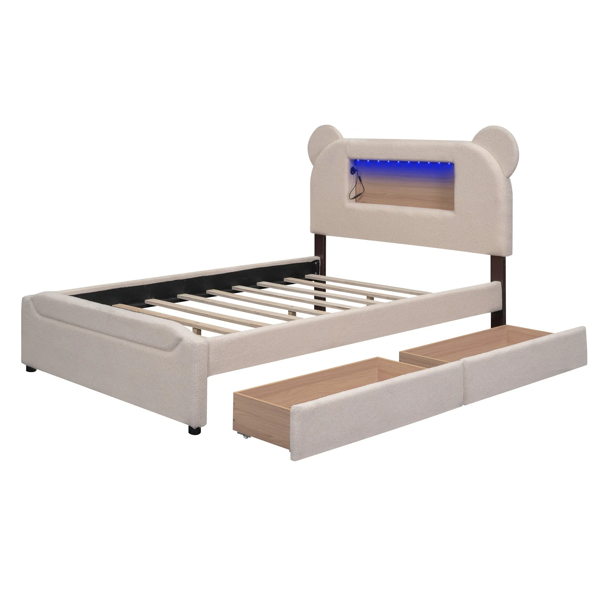 Full Size Upholstered Storage Platform Bed with Cartoon Ears Shaped Headboard, LED and USB, Beige