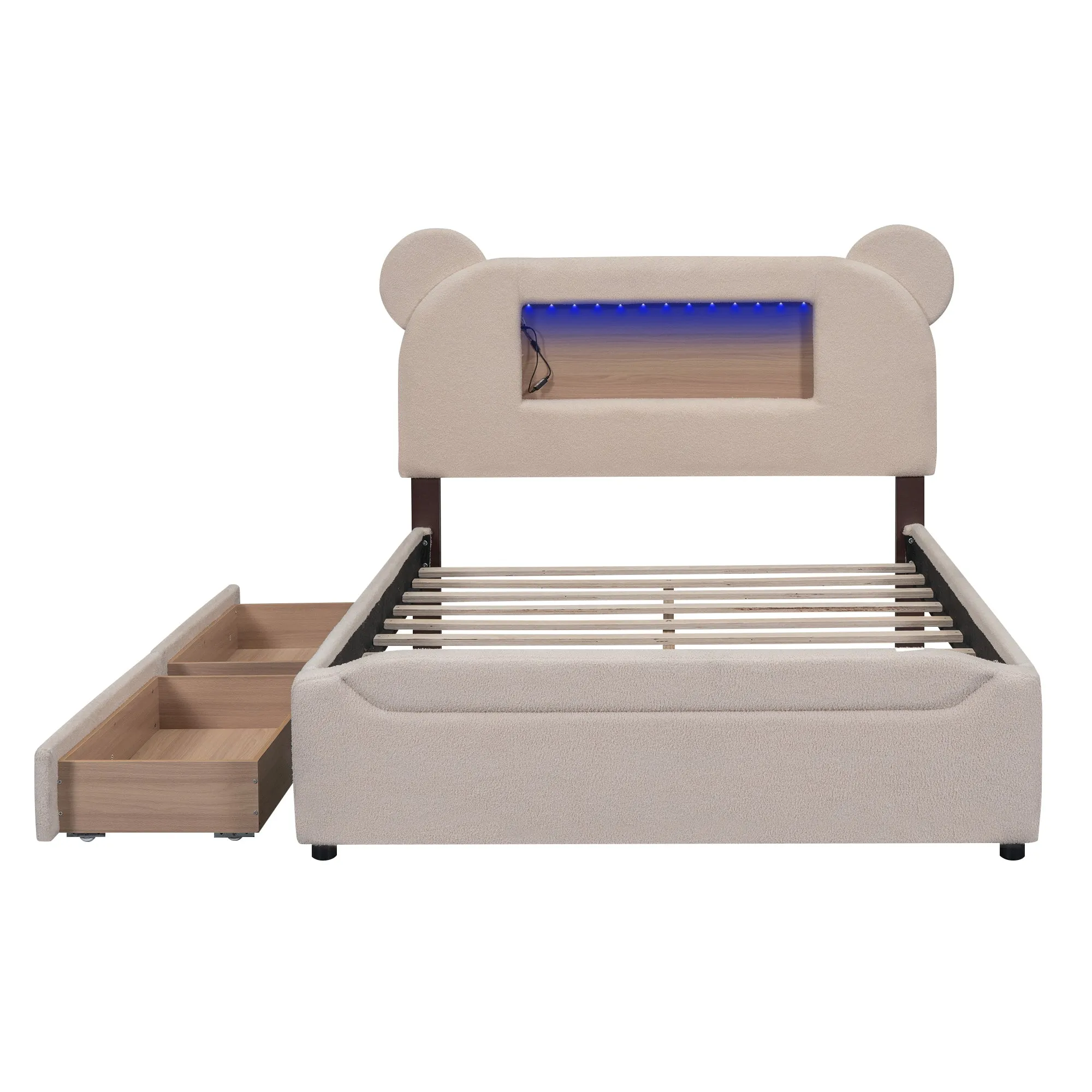 Full Size Upholstered Storage Platform Bed with Cartoon Ears Shaped Headboard, LED and USB, Beige