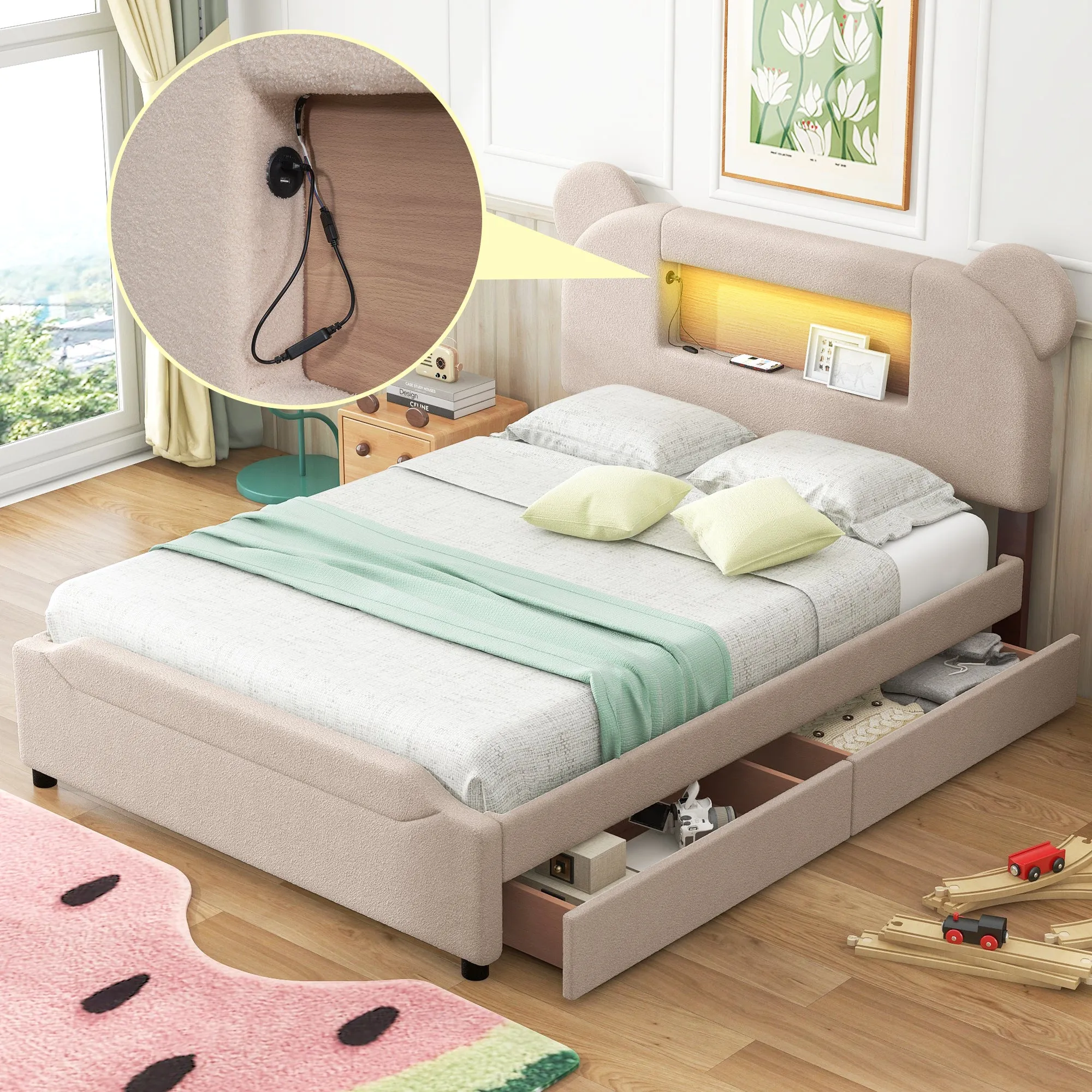 Full Size Upholstered Storage Platform Bed with Cartoon Ears Shaped Headboard, LED and USB, Beige